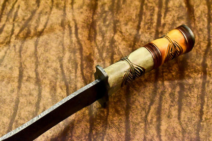 12" Damascus Bowie Knife with Camel Bone Handle & Leather Sheath