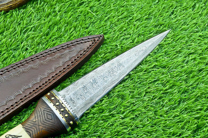 12" Handmade Damascus Steel Bowie Knife – Engraved Camel Bone & Wood Handle