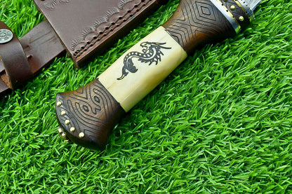 12" Handmade Damascus Steel Bowie Knife – Engraved Camel Bone & Wood Handle