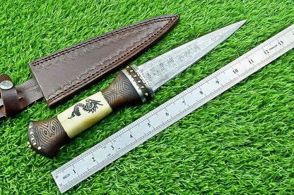 12" Handmade Damascus Steel Bowie Knife – Engraved Camel Bone & Wood Handle