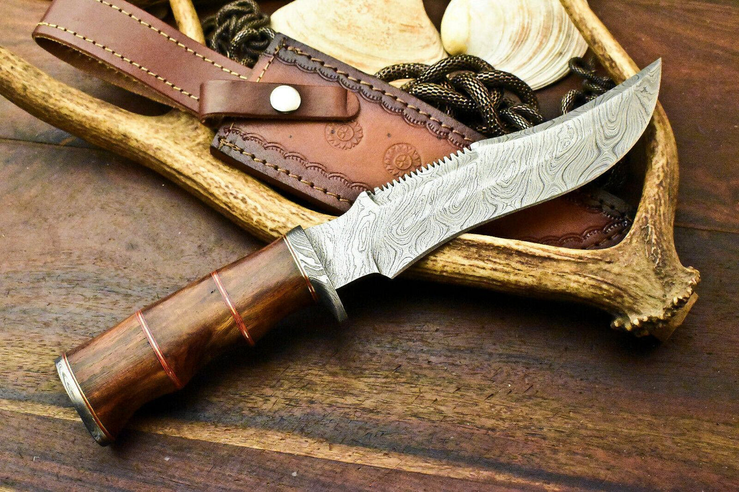 12.5" Handmade Damascus Bowie Knife – Walnut Wood Handle & Custom Leather Sheath