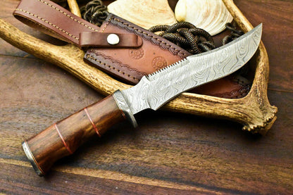 12.5" Handmade Damascus Bowie Knife – Walnut Wood Handle & Custom Leather Sheath