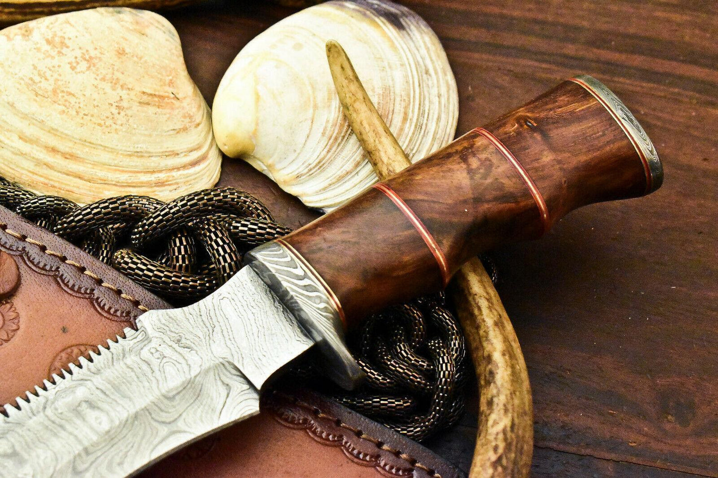 12.5" Handmade Damascus Bowie Knife – Walnut Wood Handle & Custom Leather Sheath