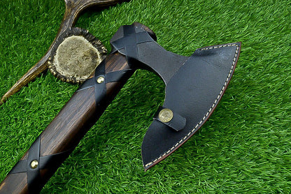 Authentic Handmade Carbon Steel Viking Axe with Leather Wrapped Wood Handle and Leather Sheath