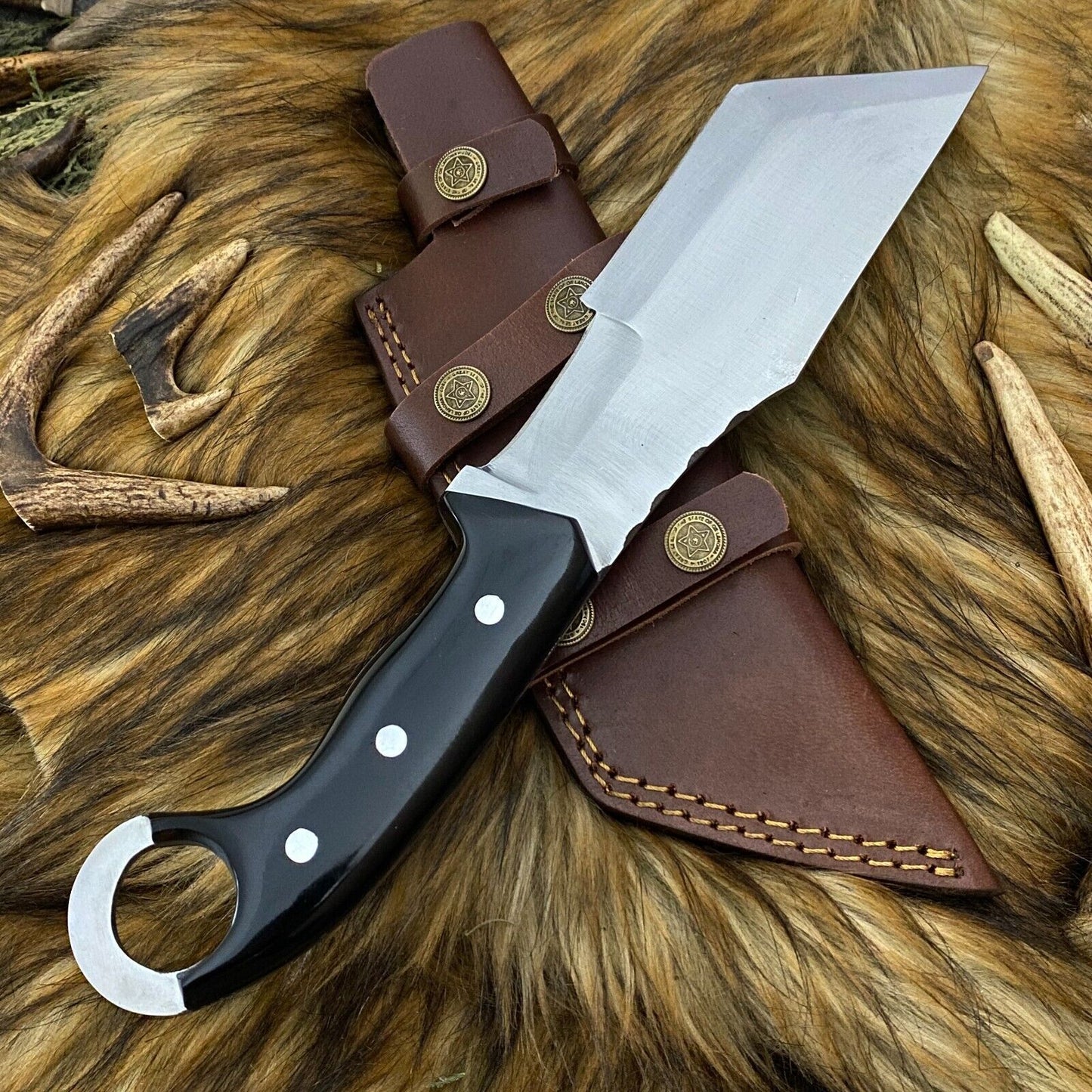 13 Inch Hand Forged D2 Steel Tanto bowie Hunting Knife with Bull Horn Handle