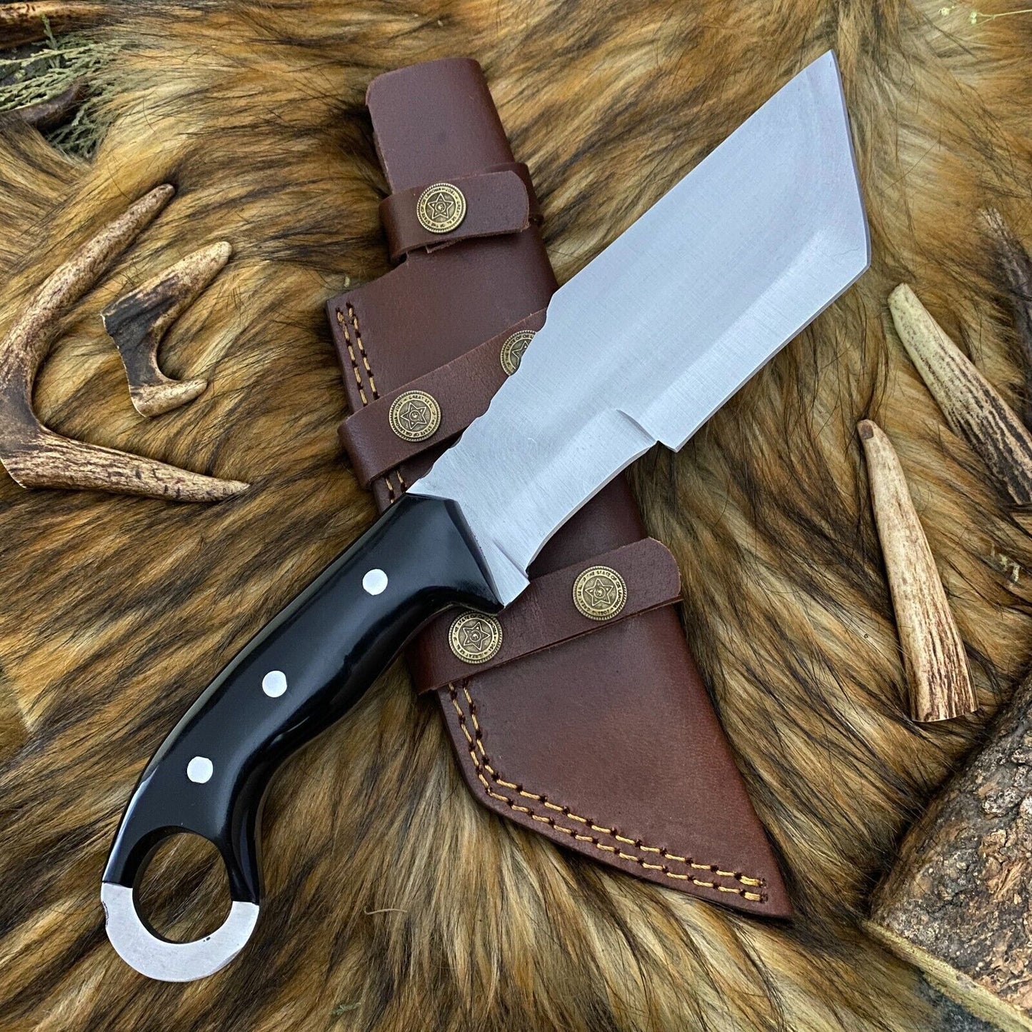 13 Inch Hand Forged D2 Steel Tanto bowie Hunting Knife with Bull Horn Handle