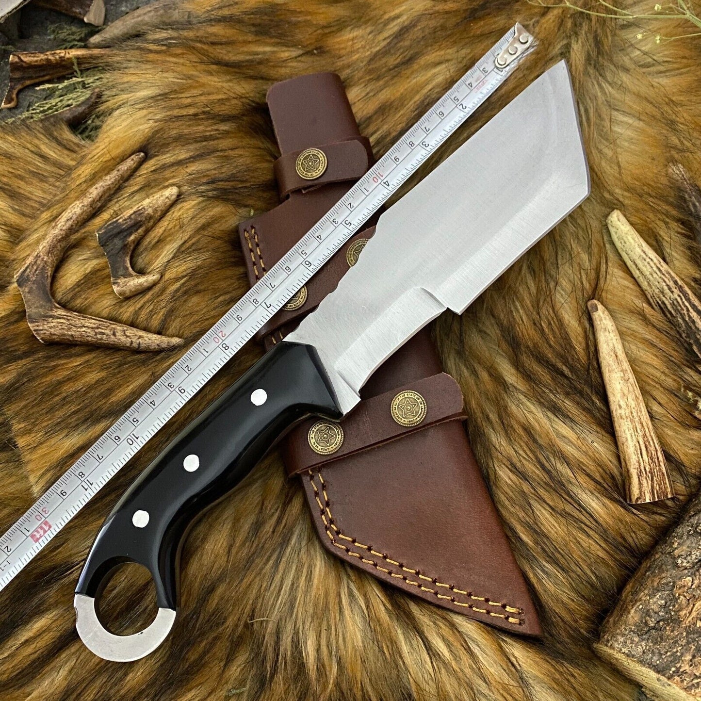 13 Inch Hand Forged D2 Steel Tanto bowie Hunting Knife with Bull Horn Handle