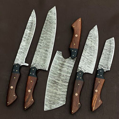 5PCS Handmade Damascus Steel Kitchen Knife Set w/ Leather Bag | Heritage Forge Chef Bowie Knives