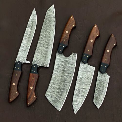5PCS Handmade Damascus Steel Kitchen Knife Set w/ Leather Bag | Heritage Forge Chef Bowie Knives