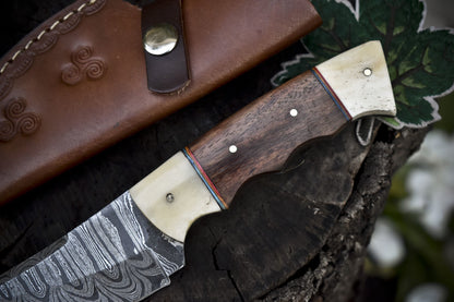 8.0 in Twist Damascus Skinner Knife Walnut Wood Handmade EDC Veterans Gift