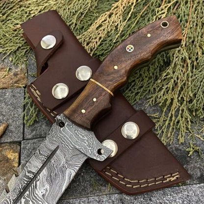 Hand Forged Damascus Steel Camping Tracker Hunting Knife with Rosewood Handle & Sheath