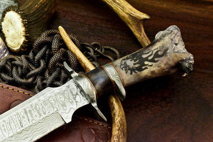 15.5" Damascus Laser Etched Bowie Knife – Camel Bone Sub-Hilt with Leather Sheath