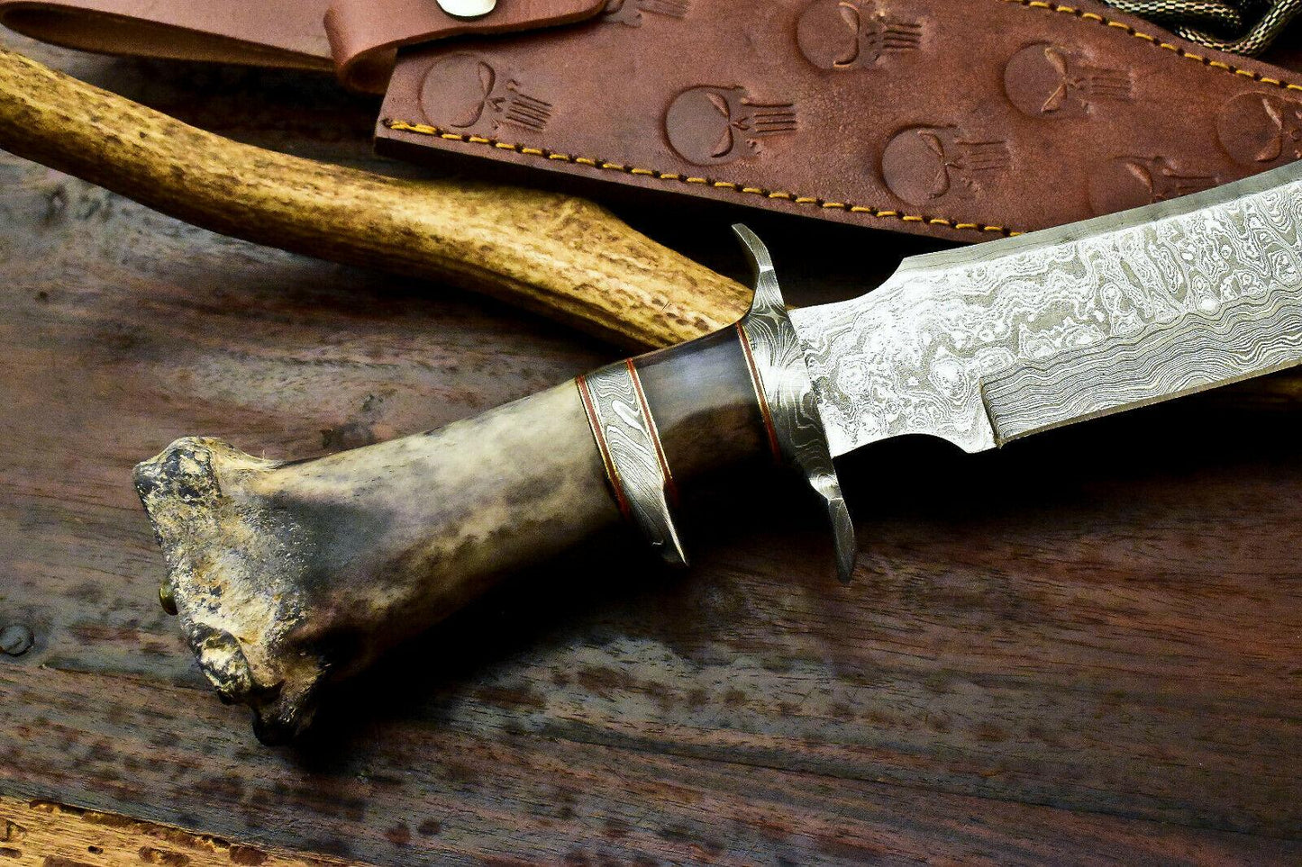 15.5" Damascus Laser Etched Bowie Knife – Camel Bone Sub-Hilt with Leather Sheath