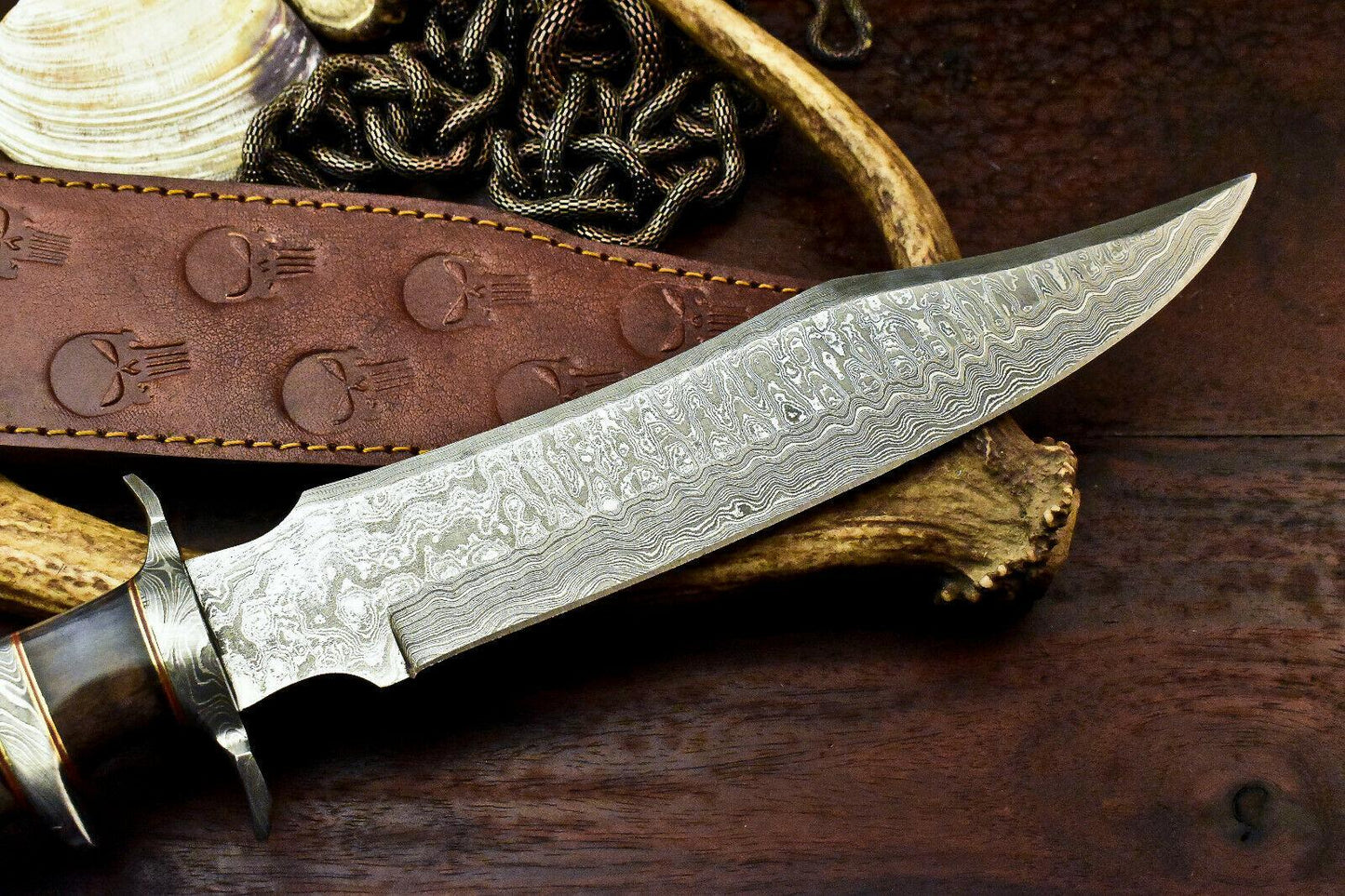 15.5" Damascus Laser Etched Bowie Knife – Camel Bone Sub-Hilt with Leather Sheath