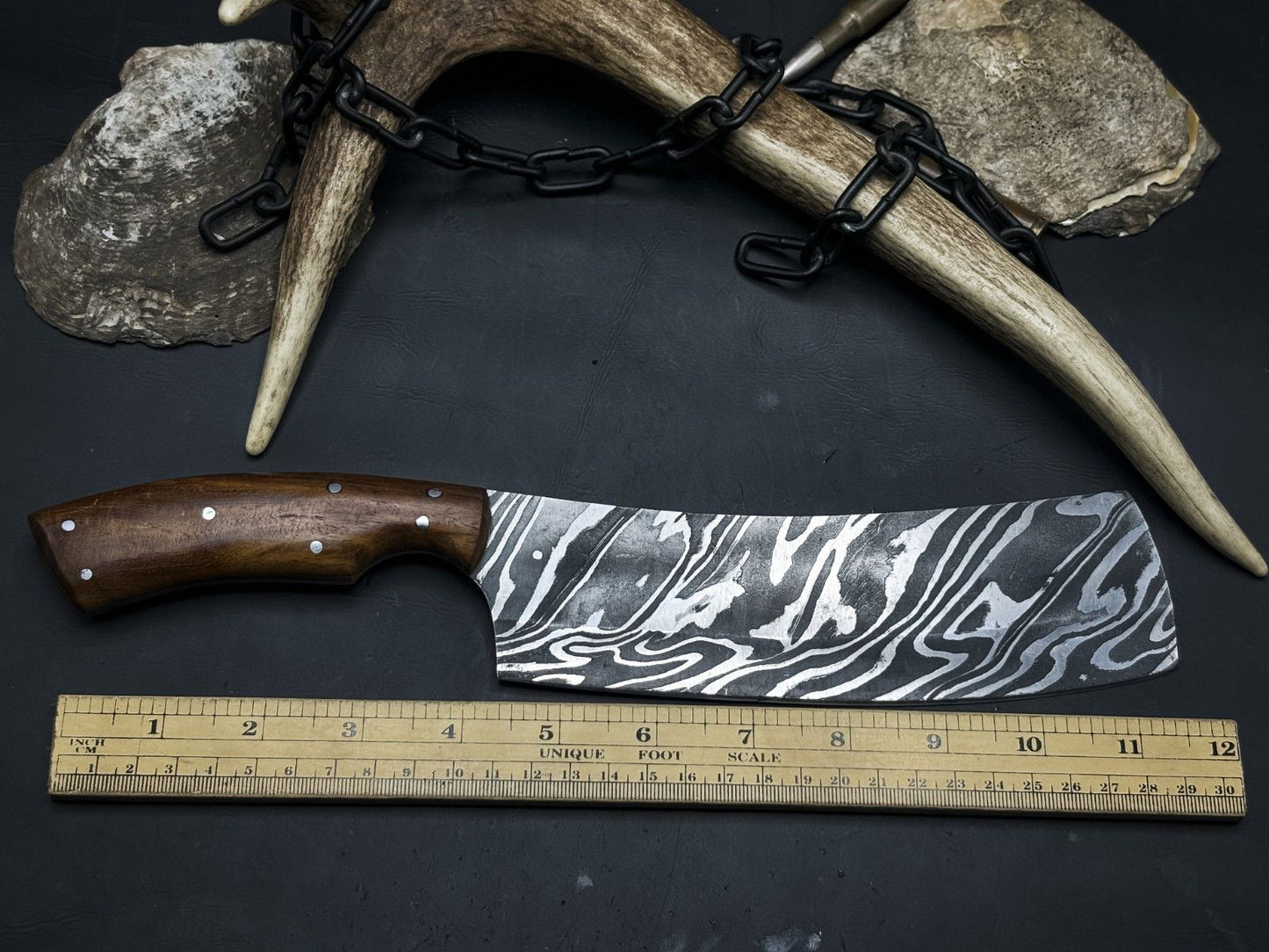 Handmade Damascus Chef Cleaver Knife – Wood Handle & Cow Sheath