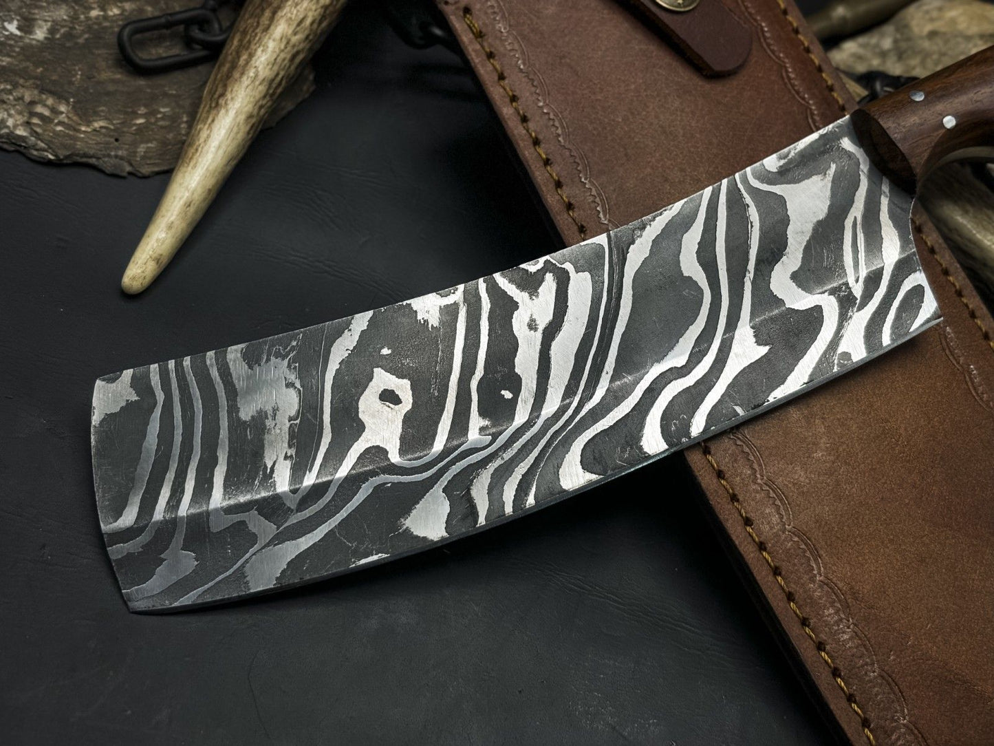 Handmade Damascus Chef Cleaver Knife – Wood Handle & Cow Sheath