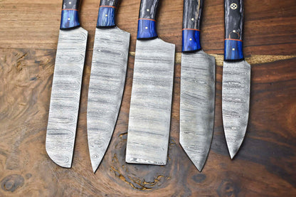 Custom Lot of 5 Handmade Hammered Damascus Steel Chef Knife Set – 384 Layer Real Damascus
