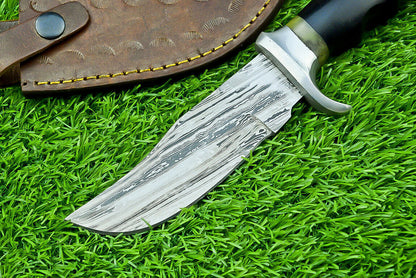 Damascus Bowie Knife with Bull Horn and Wood Handle for Hunting and Camping