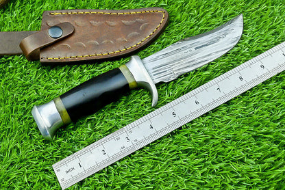 Damascus Bowie Knife with Bull Horn and Wood Handle for Hunting and Camping