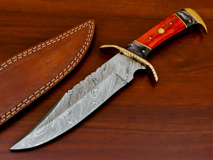 Hand Forged Damascus Steel Full Tang Bowie Hunting Knife | Hardwood Handle & Brass Guard
