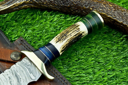 11 Inch Damascus Steel Bowie Knife with Stag Horn and Hardwood Handle