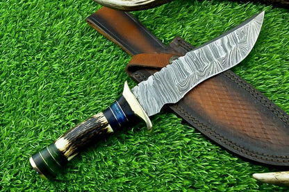 11 Inch Damascus Steel Bowie Knife with Stag Horn and Hardwood Handle