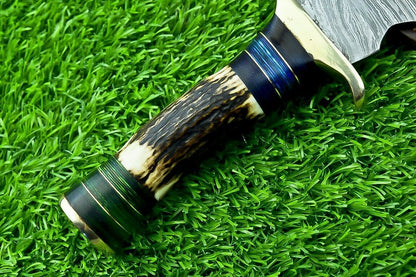 11 Inch Damascus Steel Bowie Knife with Stag Horn and Hardwood Handle