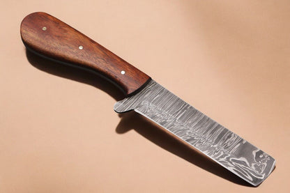 Damascus Steel Bull Cutter Knife Full Tang Custom Bull Cutter Knife With Wood Handle