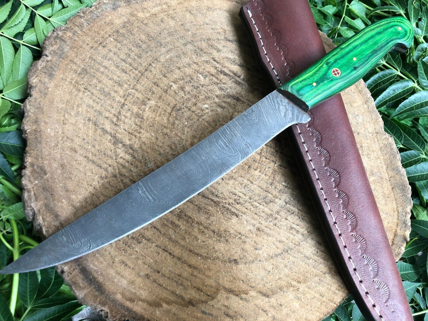 Handmade Damascus Fillet Knife Hunting Wood Handle Fillet Knife W/Leather Sheath