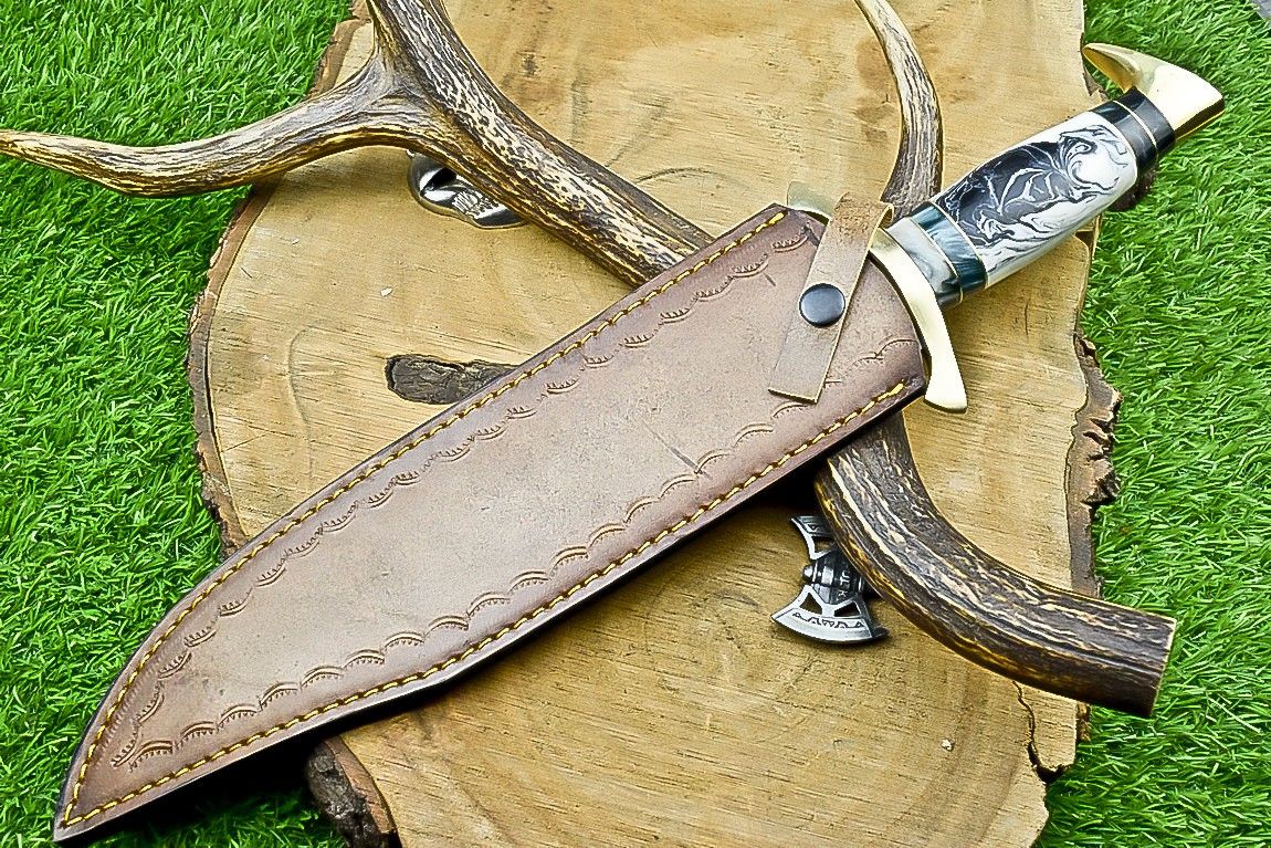 17" Damascus Steel Bowie Knife – Resin & Camel Bone Handle with Brass Bolster