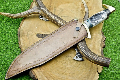 17" Damascus Steel Bowie Knife – Resin & Camel Bone Handle with Brass Bolster