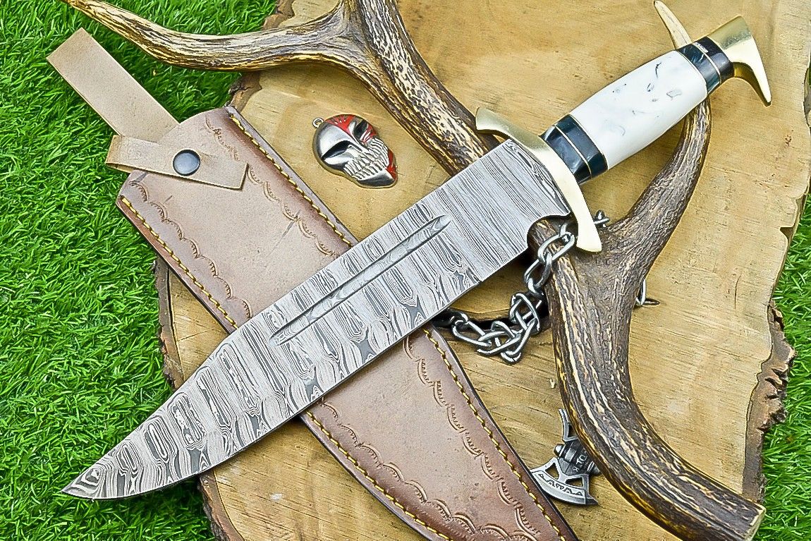 17" Damascus Steel Bowie Knife – Resin & Camel Bone Handle with Brass Bolster