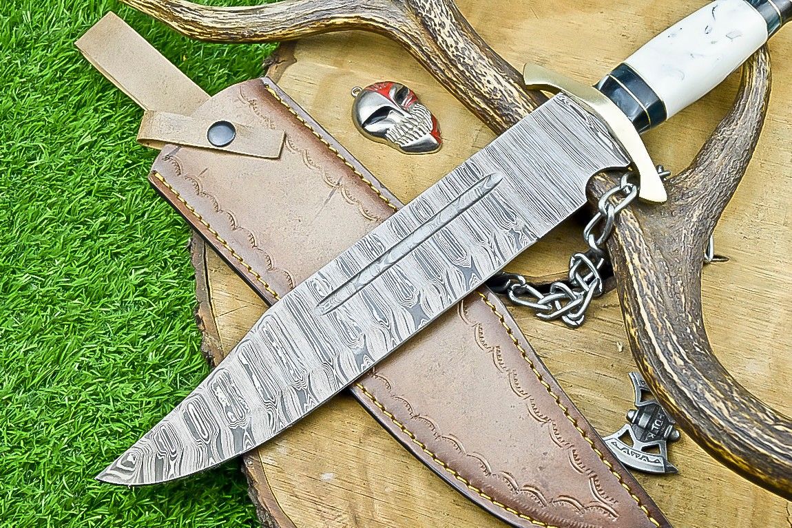17" Damascus Steel Bowie Knife – Resin & Camel Bone Handle with Brass Bolster