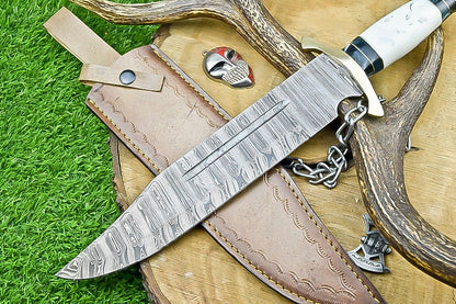 17" Damascus Steel Bowie Knife – Resin & Camel Bone Handle with Brass Bolster