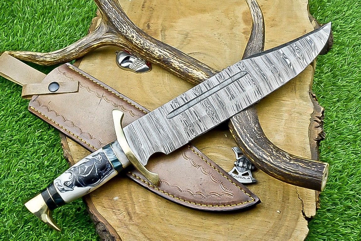 17" Damascus Steel Bowie Knife – Resin & Camel Bone Handle with Brass Bolster