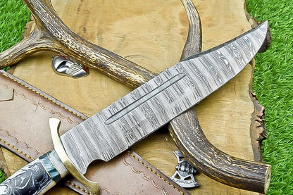 17" Damascus Steel Bowie Knife – Resin & Camel Bone Handle with Brass Bolster