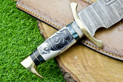 17" Damascus Steel Bowie Knife – Resin & Camel Bone Handle with Brass Bolster