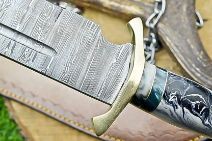 17" Damascus Steel Bowie Knife – Resin & Camel Bone Handle with Brass Bolster