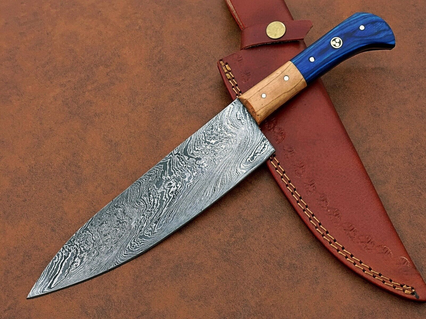 Custom Hand-Forged Damascus Steel Chef Knife | Camping & Kitchen Multipurpose Knife with Leather Sheath
