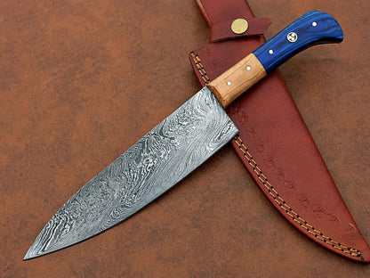 Custom Hand-Forged Damascus Steel Chef Knife | Camping & Kitchen Multipurpose Knife with Leather Sheath
