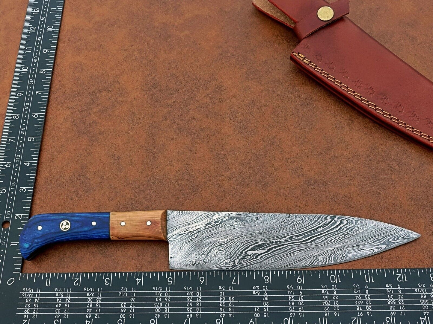 Custom Hand-Forged Damascus Steel Chef Knife | Camping & Kitchen Multipurpose Knife with Leather Sheath