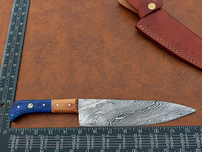 Custom Hand-Forged Damascus Steel Chef Knife | Camping & Kitchen Multipurpose Knife with Leather Sheath