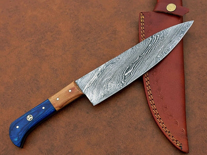 Custom Hand-Forged Damascus Steel Chef Knife | Camping & Kitchen Multipurpose Knife with Leather Sheath