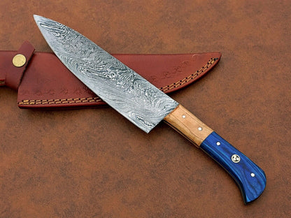 Custom Hand-Forged Damascus Steel Chef Knife | Camping & Kitchen Multipurpose Knife with Leather Sheath