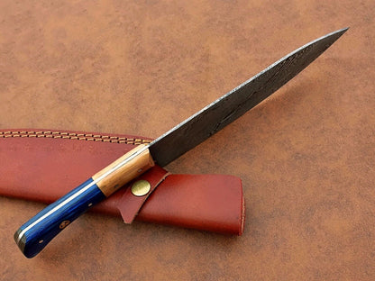 Custom Hand-Forged Damascus Steel Chef Knife | Camping & Kitchen Multipurpose Knife with Leather Sheath