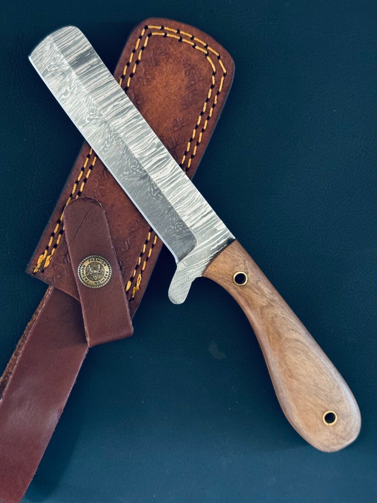 12" Cutter Knife Fire Storm Damascus Steel Bull Cutter Knife With Wood Handle and Sheath