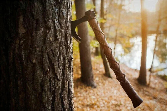 Hand-Forged Viking Camping Axe 18 Inch Carbon Steel Bearded Hatchet with Leather Sheath