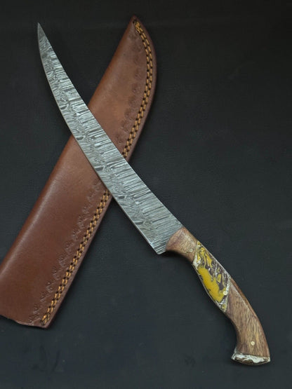 13" Damascus Fillet Knife Handmade Custom Fillet Knife with Resin & Wood Handle