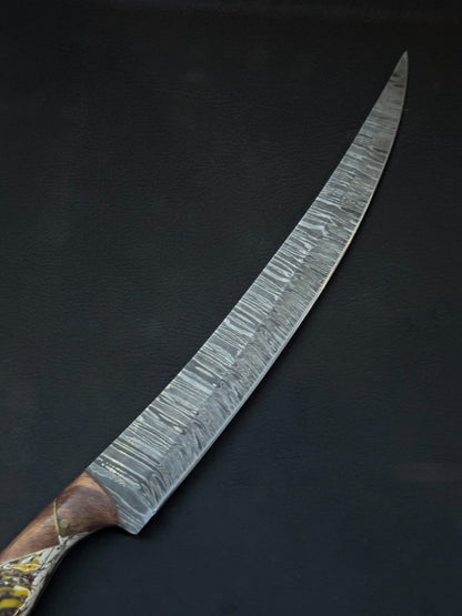 13" Damascus Fillet Knife Handmade Custom Fillet Knife with Resin & Wood Handle