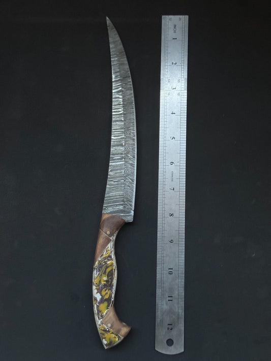 13" Damascus Fillet Knife Handmade Custom Fillet Knife with Resin & Wood Handle